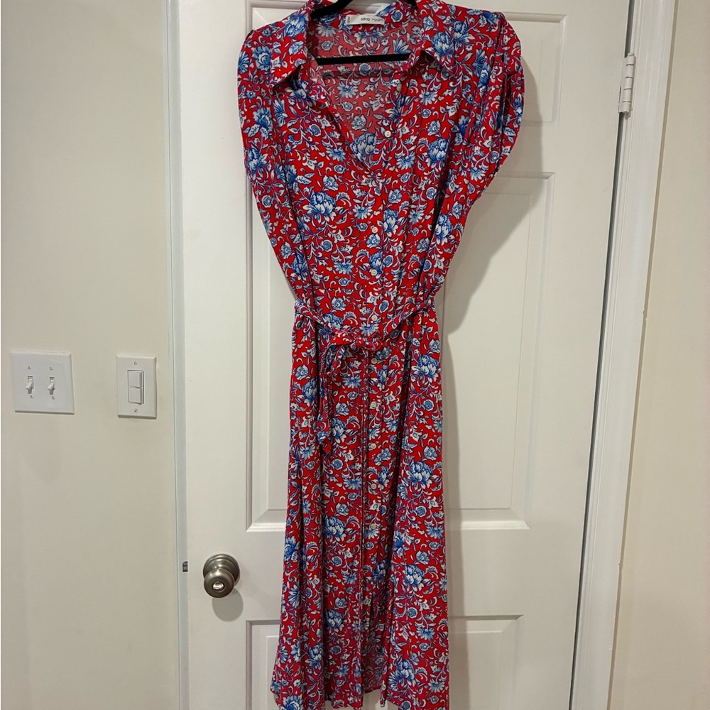 Mango Red and Blue Floral Long Sleeve Dress